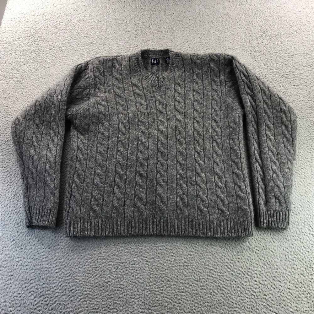 Vintage GAP Sweater Mens Extra Large Gray Cable Knit Wool Fisherman Jumper